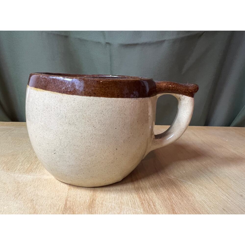 Stoneware Shaving Mug Cup - 3" Small Vintage Brown Tan Plain Striped Heavy USA